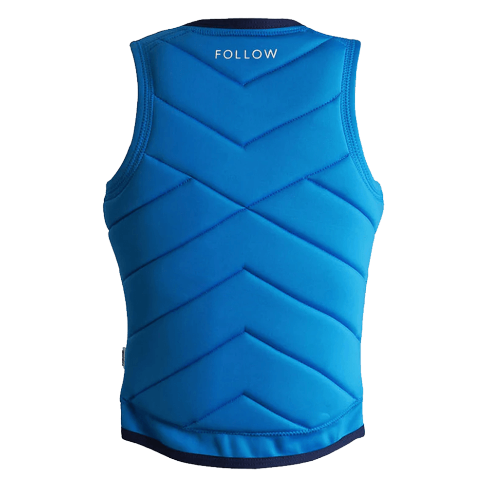 The back of a Follow Atlantis Ladies Jacket - Royal Blue with the word "Follow" on it.