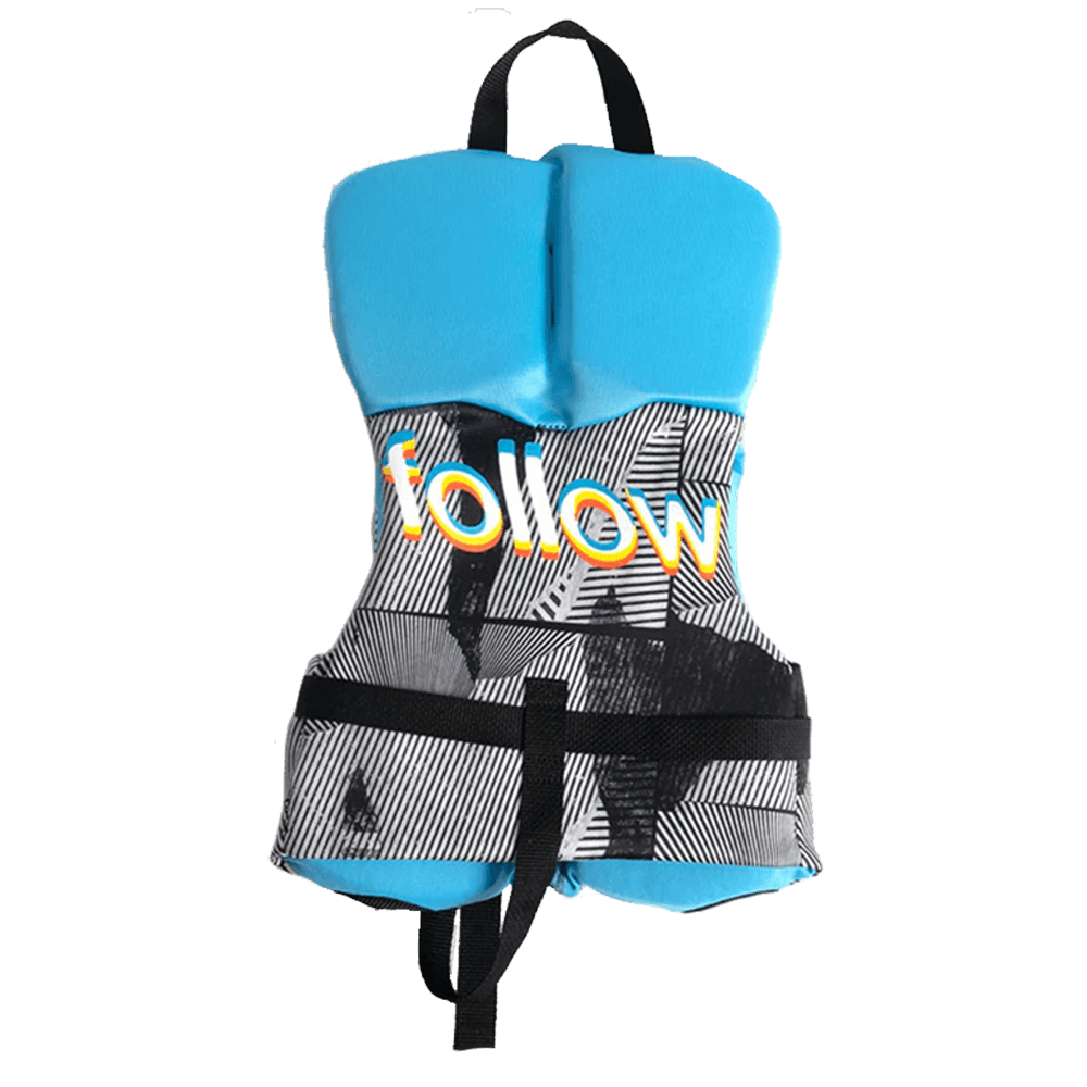 A blue Follow Pop Infant CGA Jacket - Sketch Blue life jacket with the word "follow" on it.