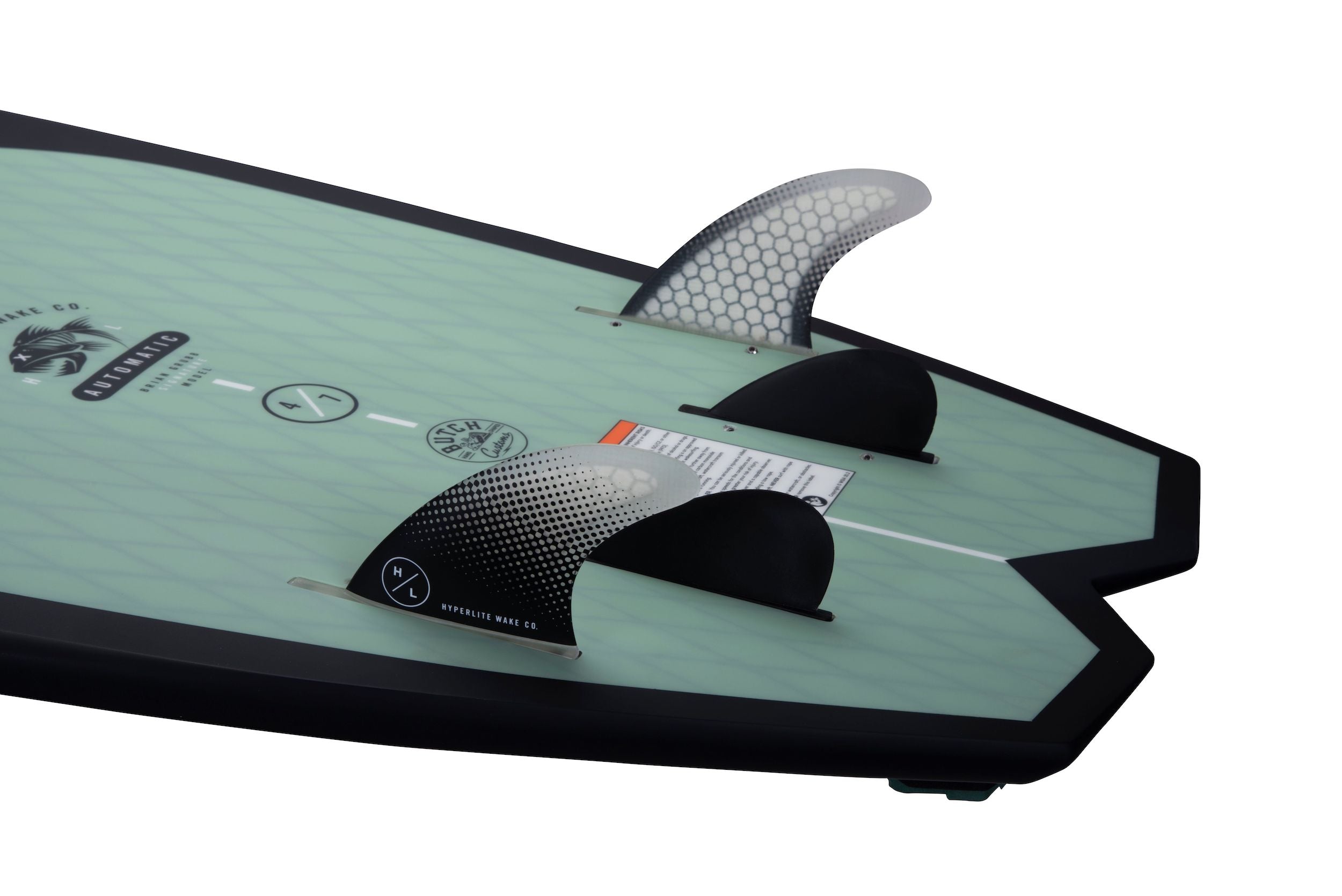 A Hyperlite 2023 Automatic Wakesurf Board with two fins on it, perfect for capturing the essence of the surf and providing a floaty ride.