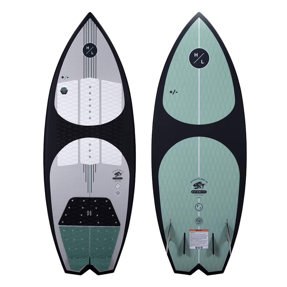 A Hyperlite 2023 Automatic Wakesurf Board with a black and green design, featuring a DuraShell Construction for enhanced durability.
