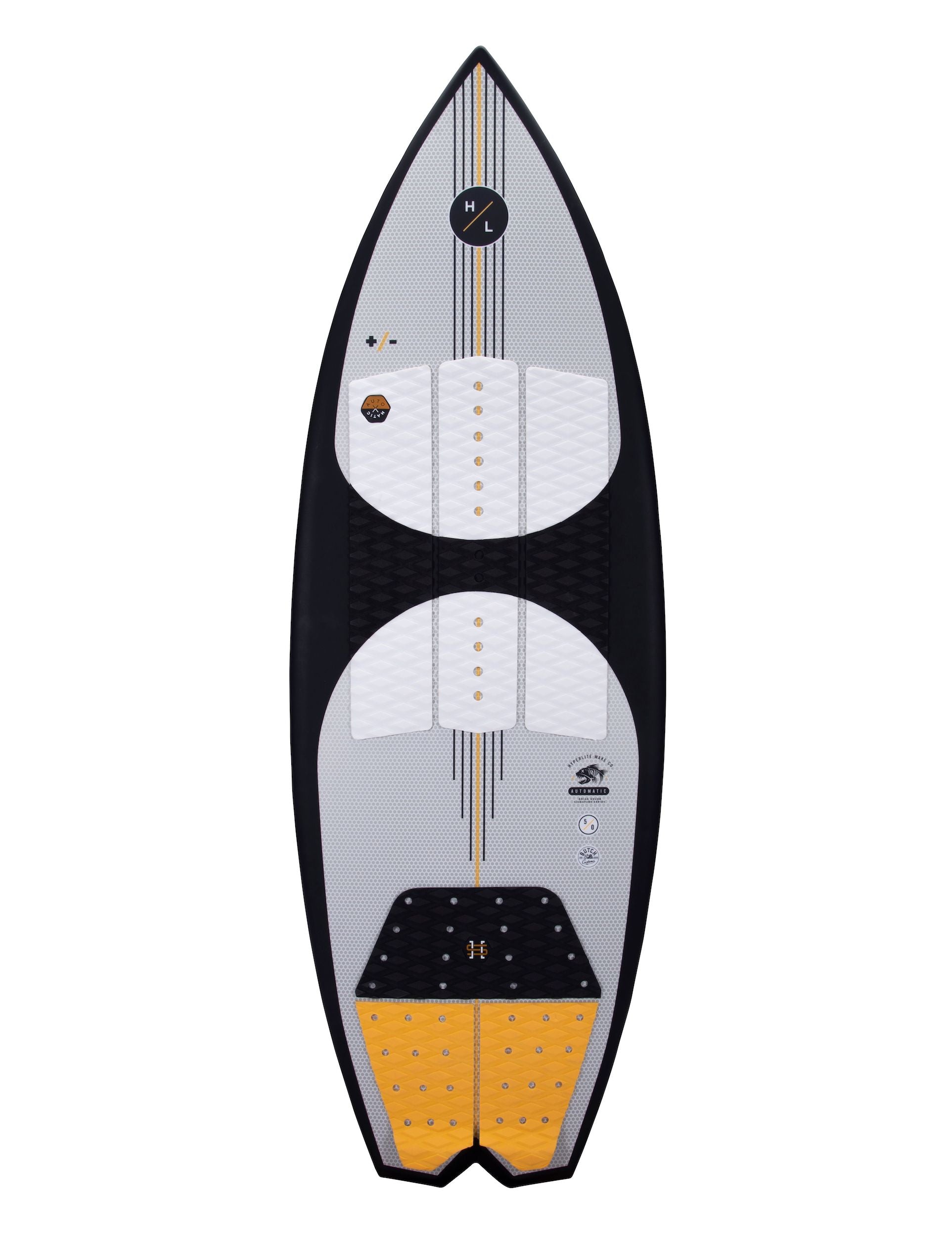 A Hyperlite 2023 Automatic Wakesurf Board with an orange and black design featuring DuraShell Construction.