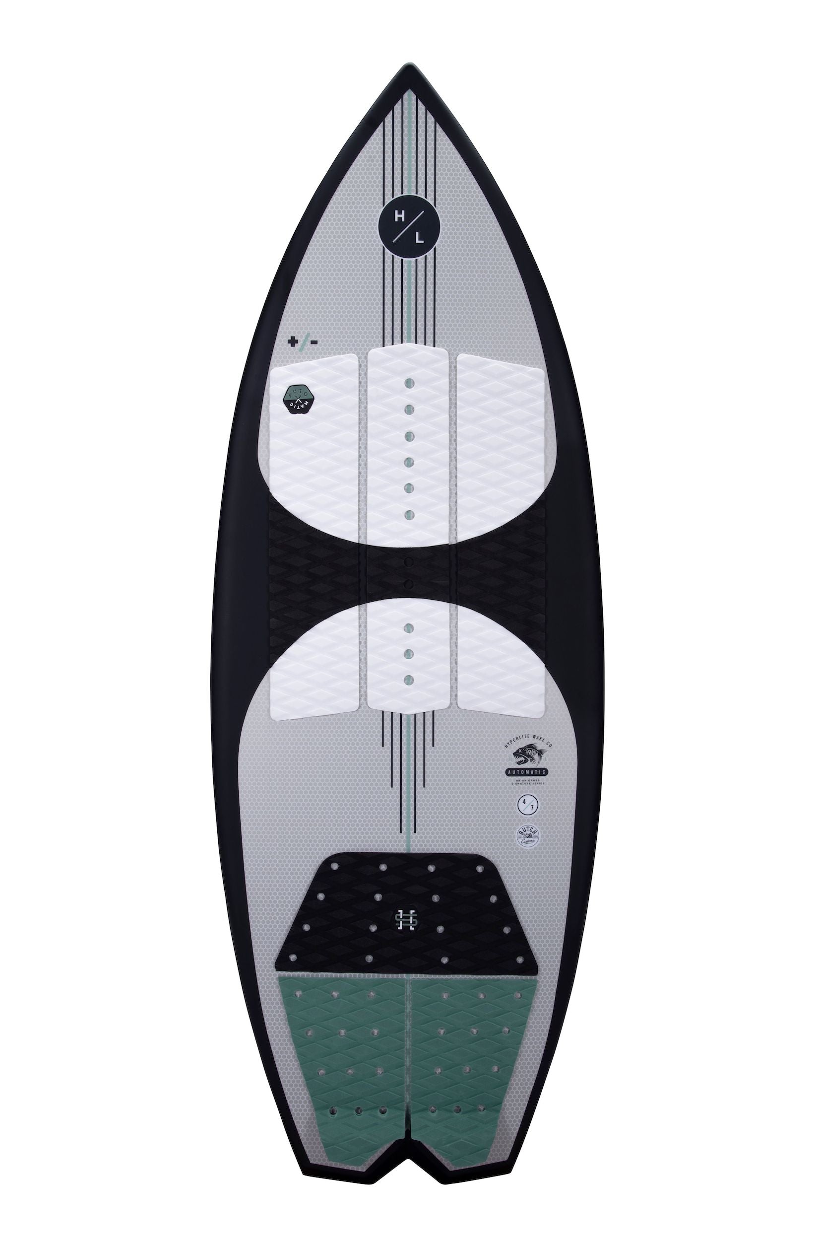 A Hyperlite 2023 Automatic Wakesurf Board with a black and green design featuring DuraShell Construction.