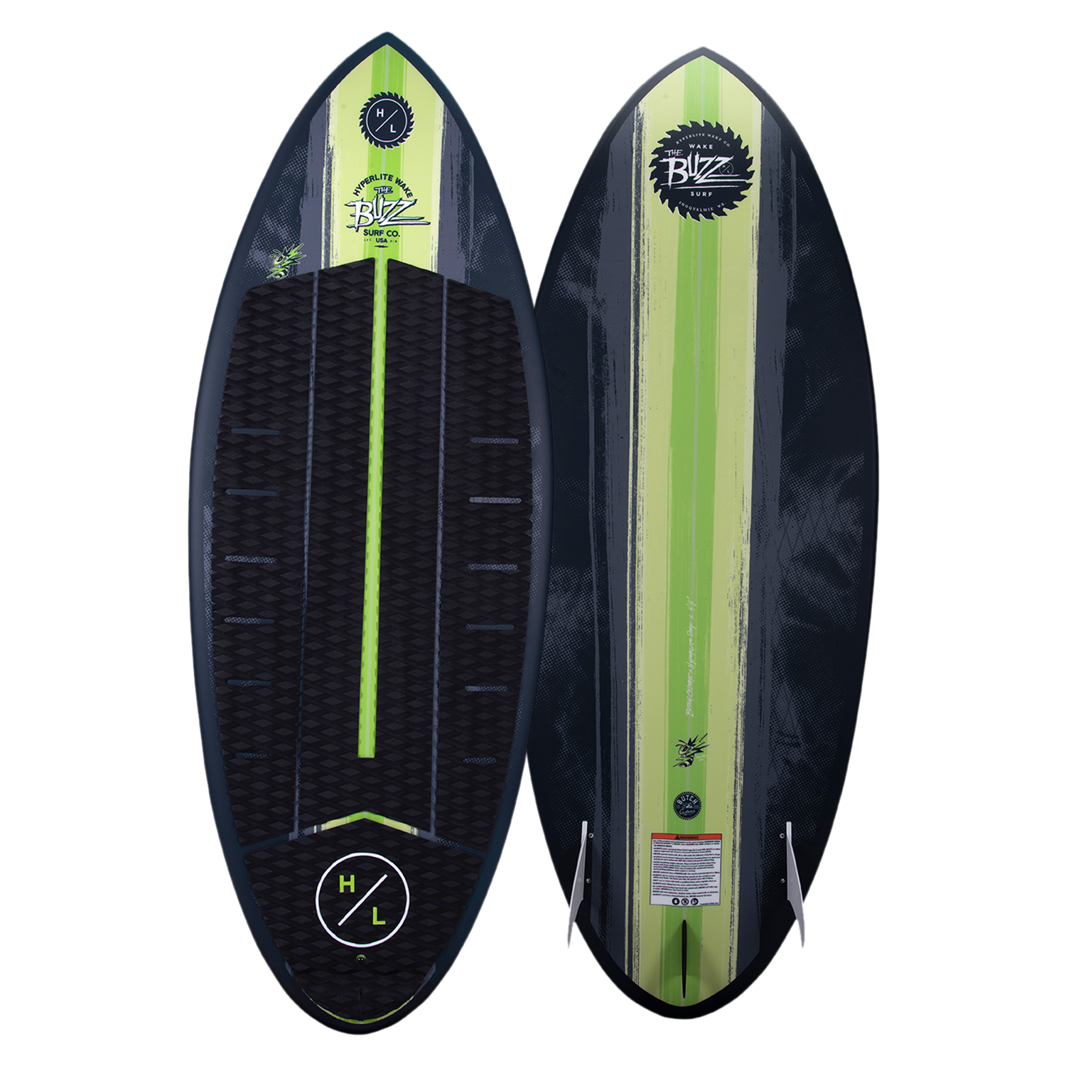 A black and green Hyperlite 2023 Buzz Wakesurf Board with a green stripe featuring DuraShell construction for enhanced durability.
