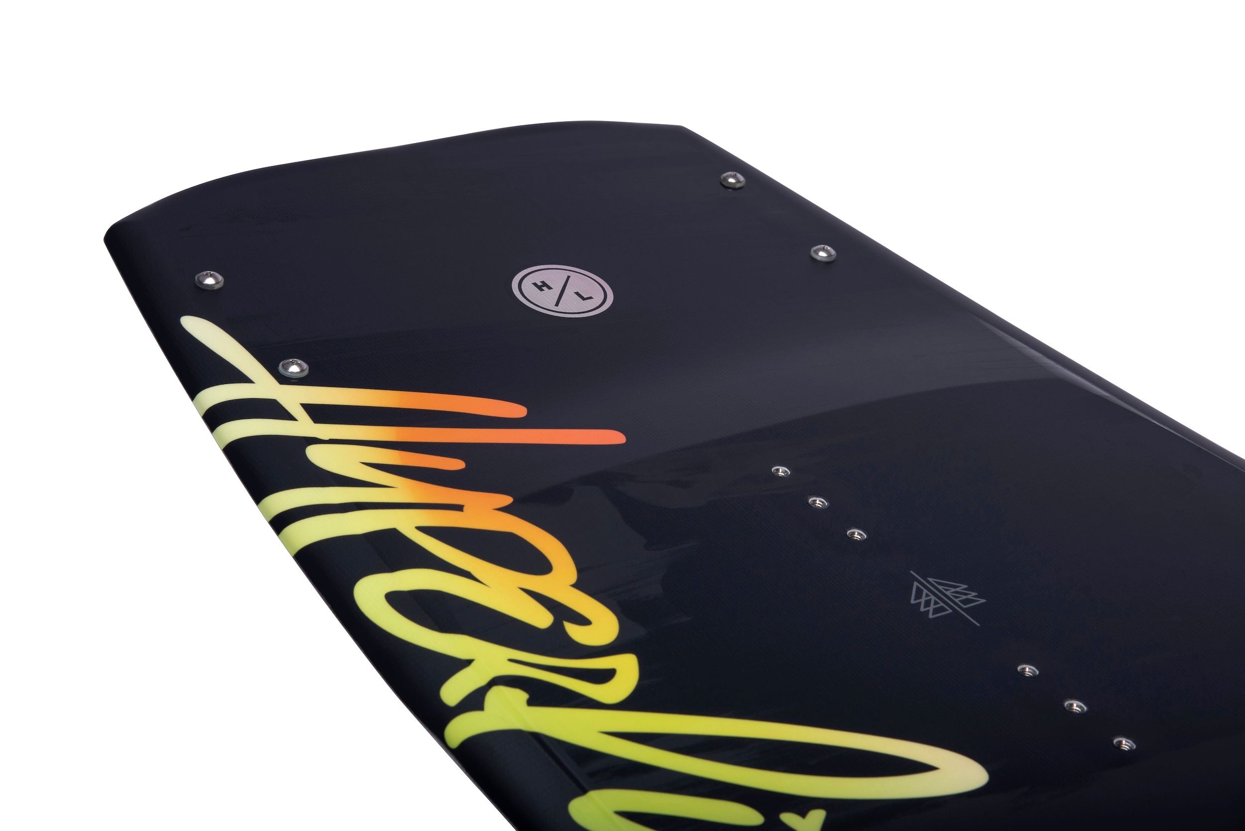 The back of a black and yellow Hyperlite 2023 Cadence wakeboard from Hyperlite's Cadence series, featuring the signature of Bec Gange.