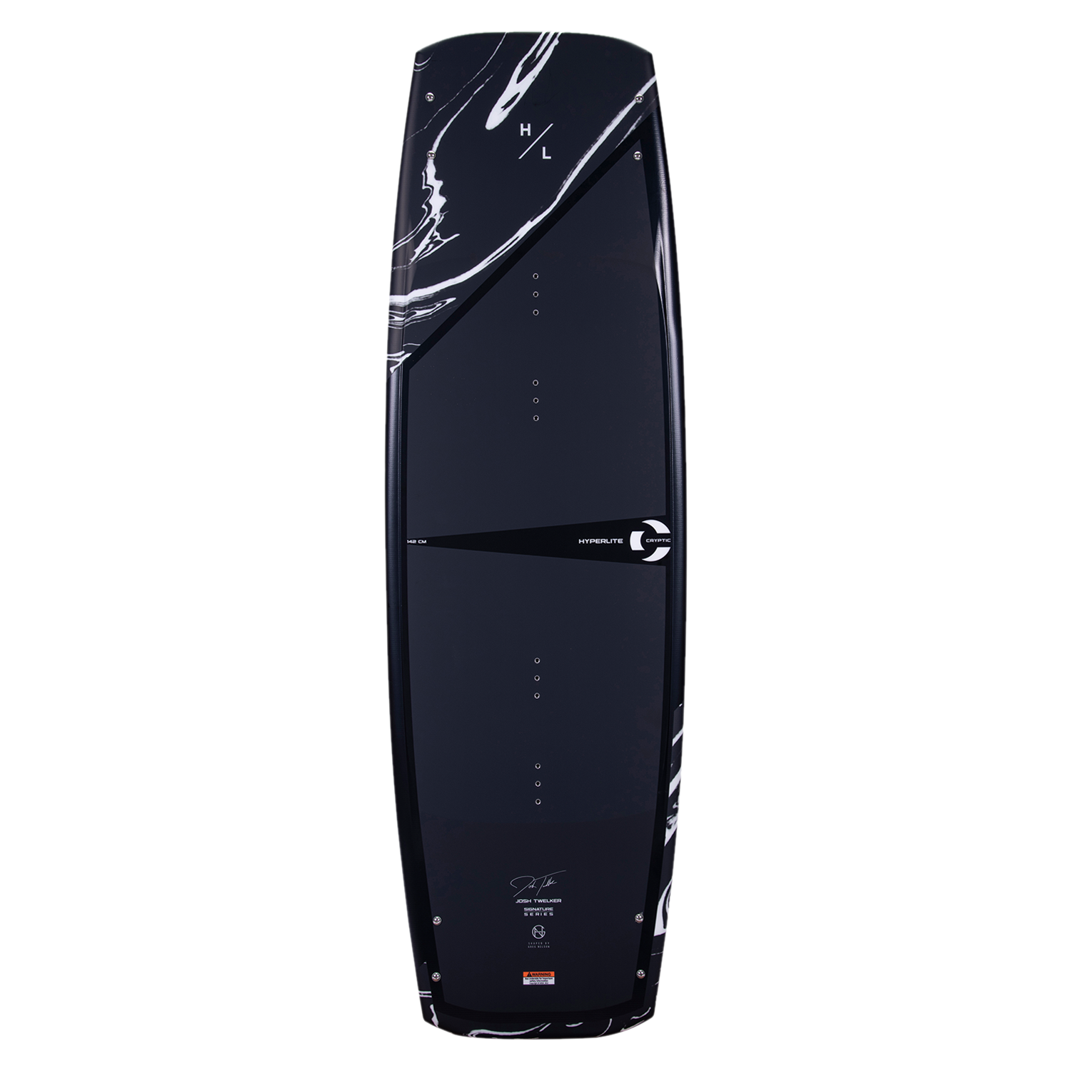 A black and white Hyperlite 2023 Cryptic wakeboard ridden by Josh Twelker on a white background.