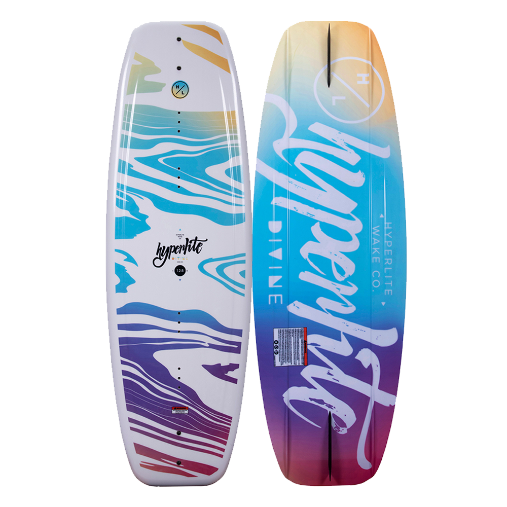 A colorful Hyperlite 2024 Divine Jr. wakeboard designed for beginner/intermediate riders in the free ride series.