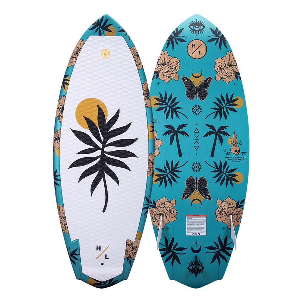 A Hyperlite 2024 Good Daze Women's Wakesurf Board for beginner to intermediate riders with palm trees on it.