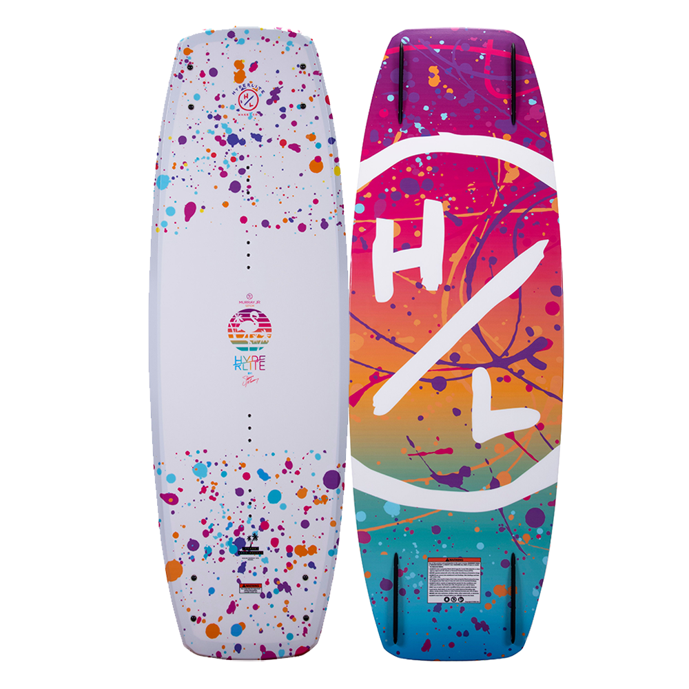 A Hyperlite 2024 Murray Girls Wakeboard with colorful splatters on it. Shaun Murray Signature Grom Model