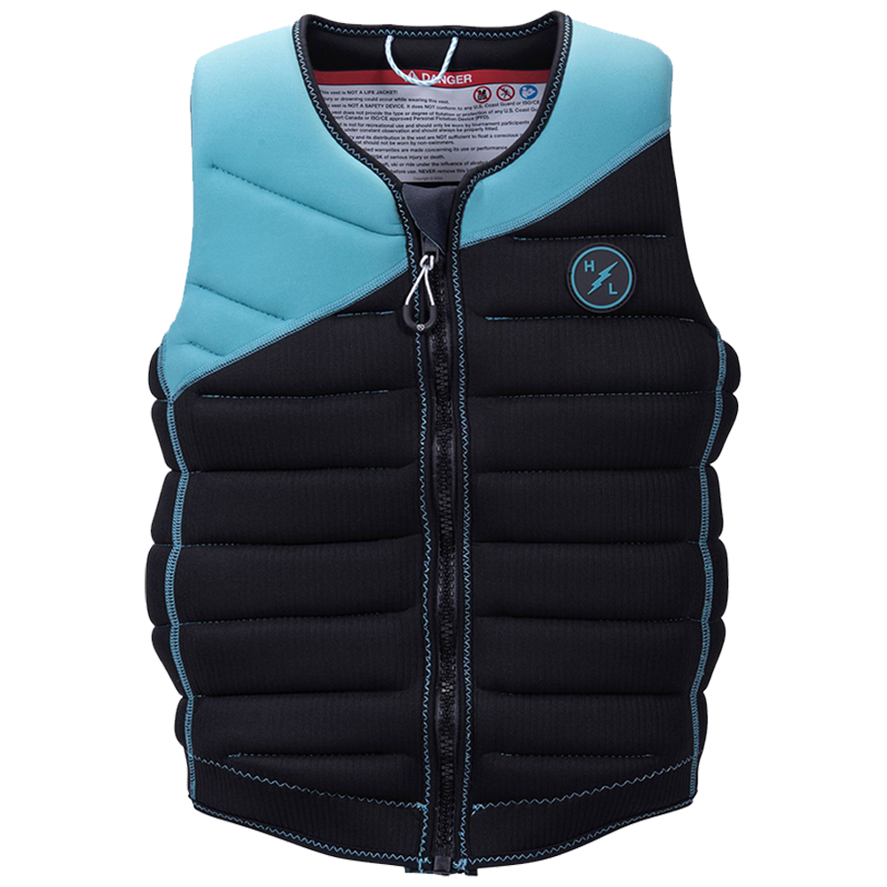 A lightweight, Hyperlite 2024 NCGA Storm Vest in black and turquoise with a zipper.