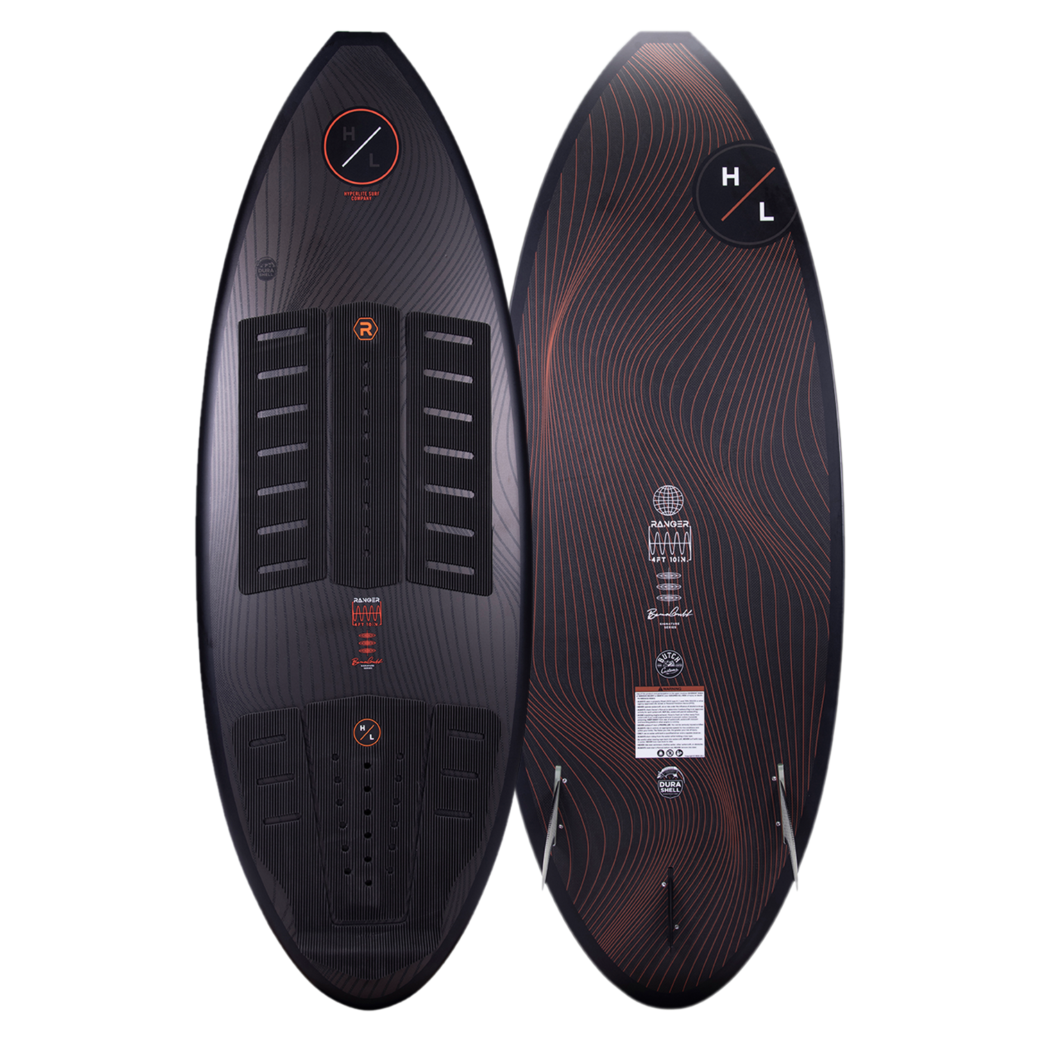A black and brown Hyperlite 2023 Ranger Wakesurf Board with Durashell construction.