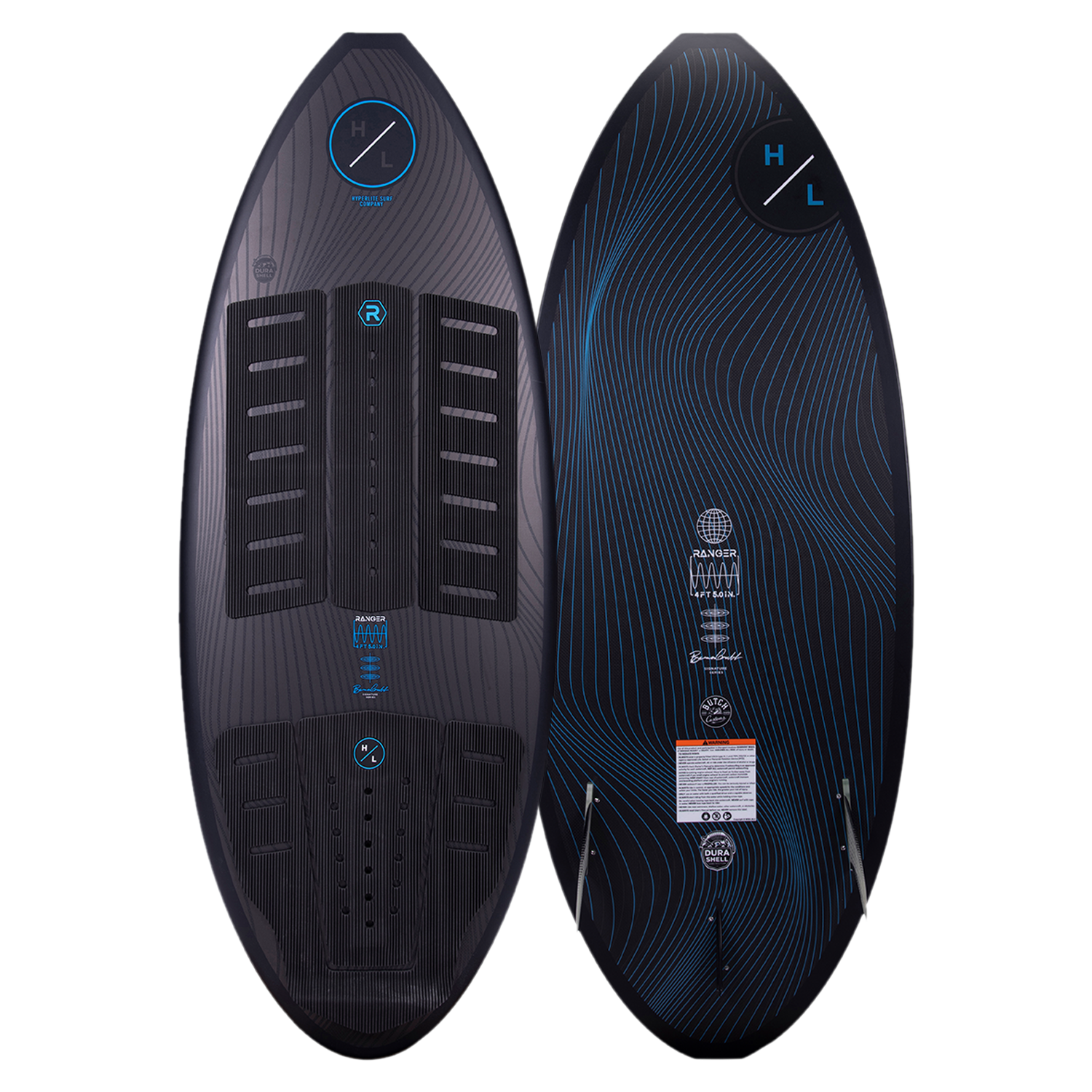 A Hyperlite 2023 Ranger Wakesurf Board with Durashell construction and a blue design.