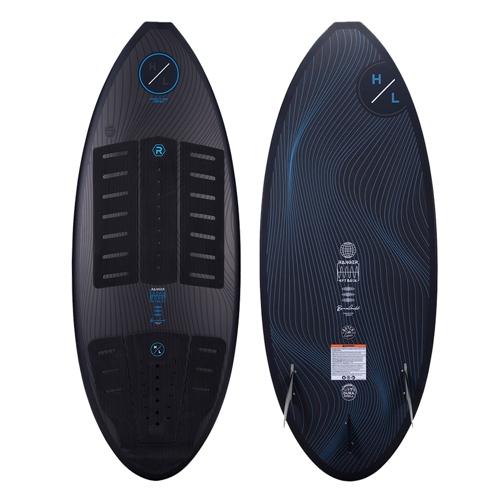 A black Hyperlite 2023 Ranger Wakesurf Board with a blue design featuring Durashell construction.