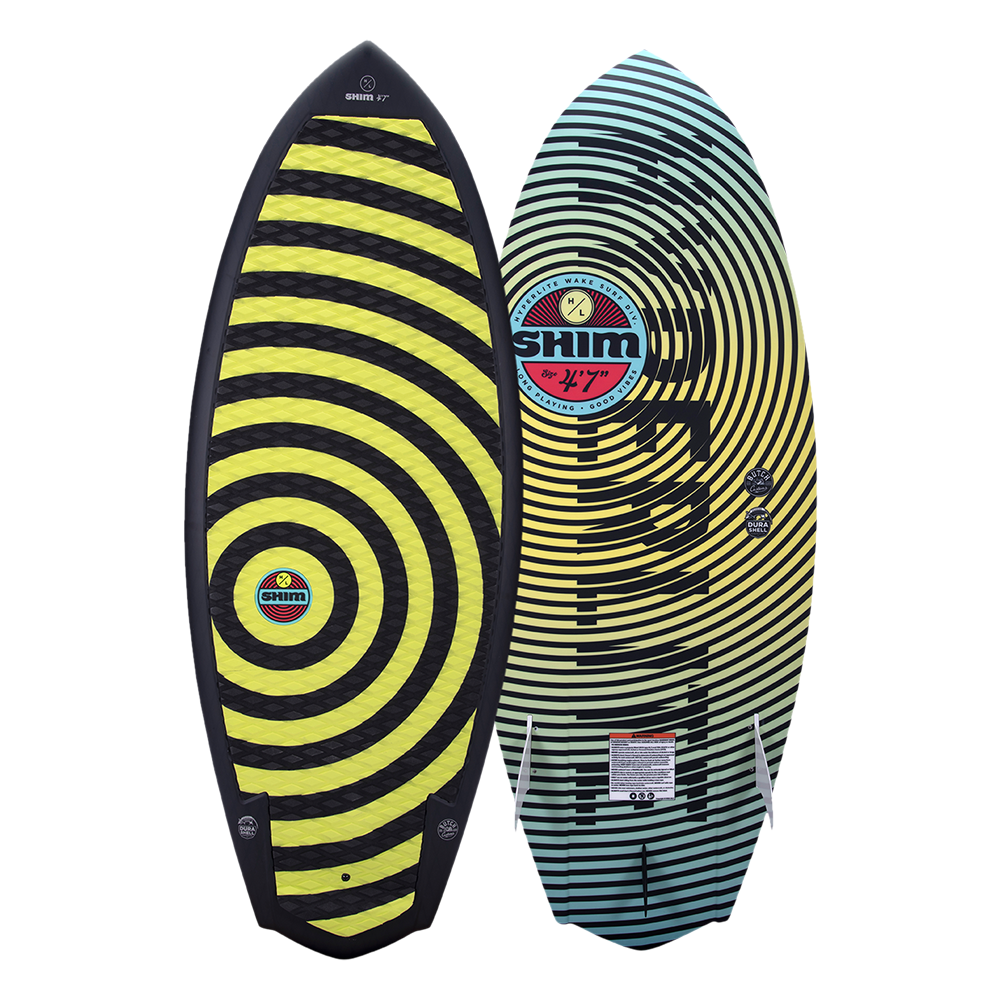 A Hyperlite 2024 Shim wakesurf board with a yellow and black design, featuring DuraShell Construction.