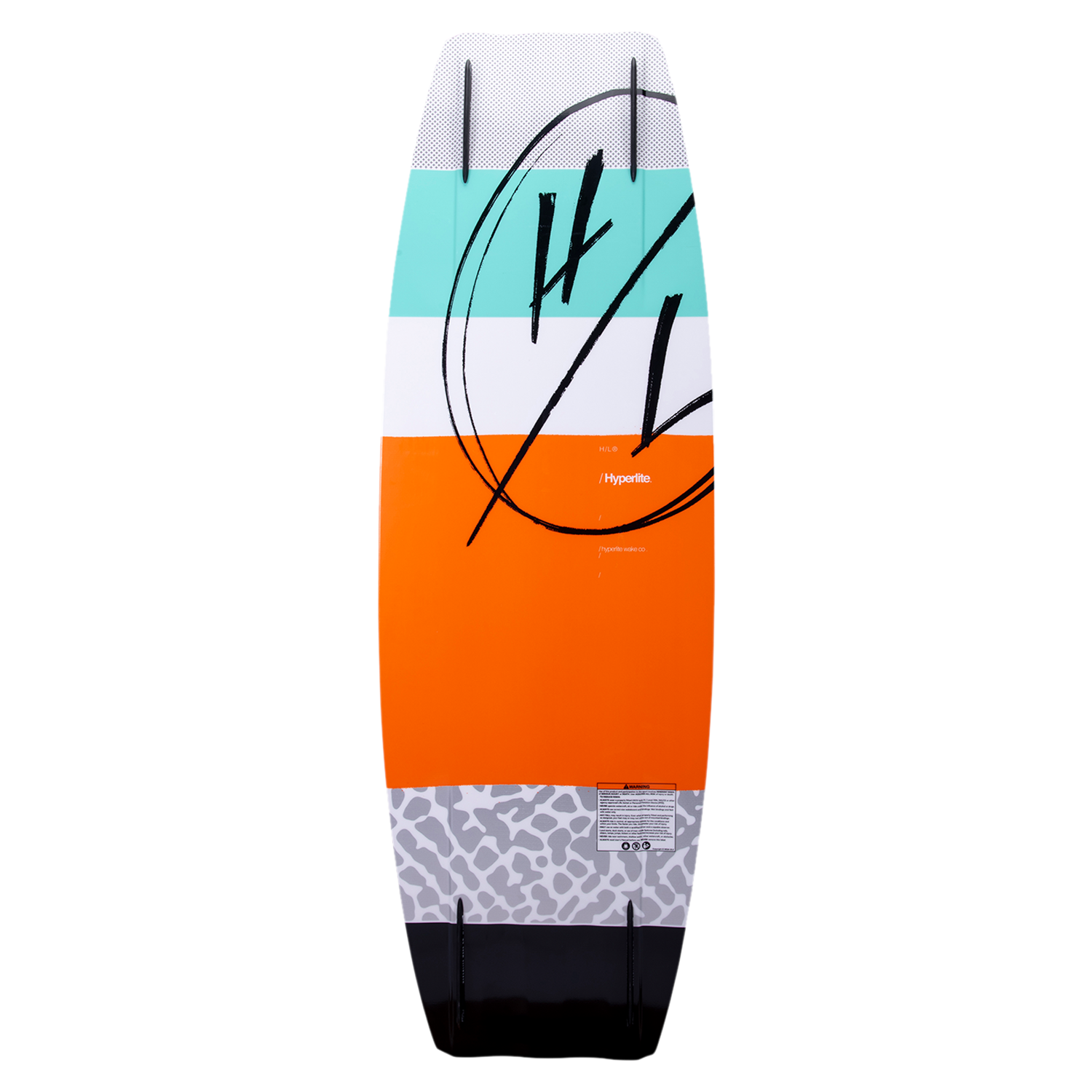 A Hyperlite 2023 Source Wakeboard with an orange, blue and white design that provides excellent pop with its 3-Stage Rocker.