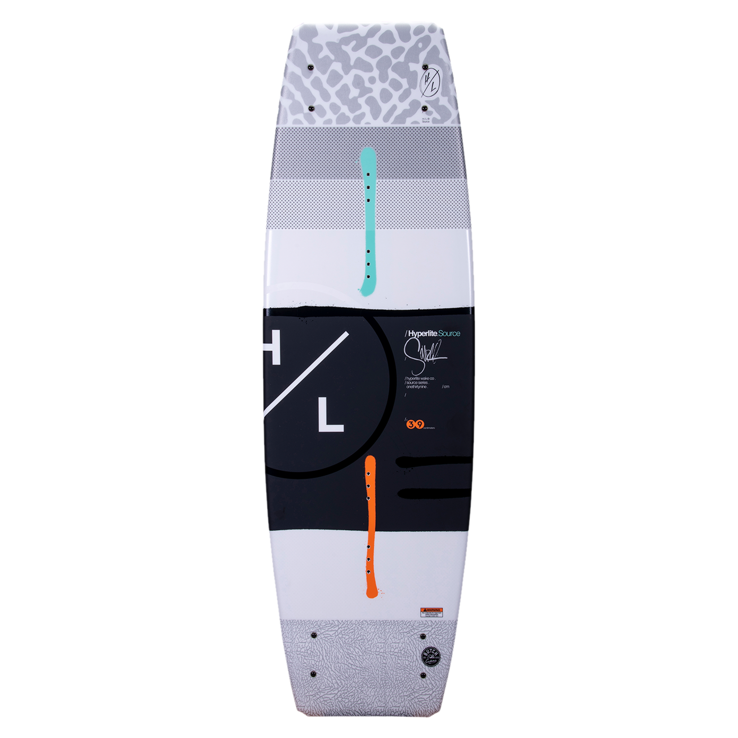 A Hyperlite 2023 Source Wakeboard with an orange logo featuring a 3-Stage Rocker for enhanced pop.