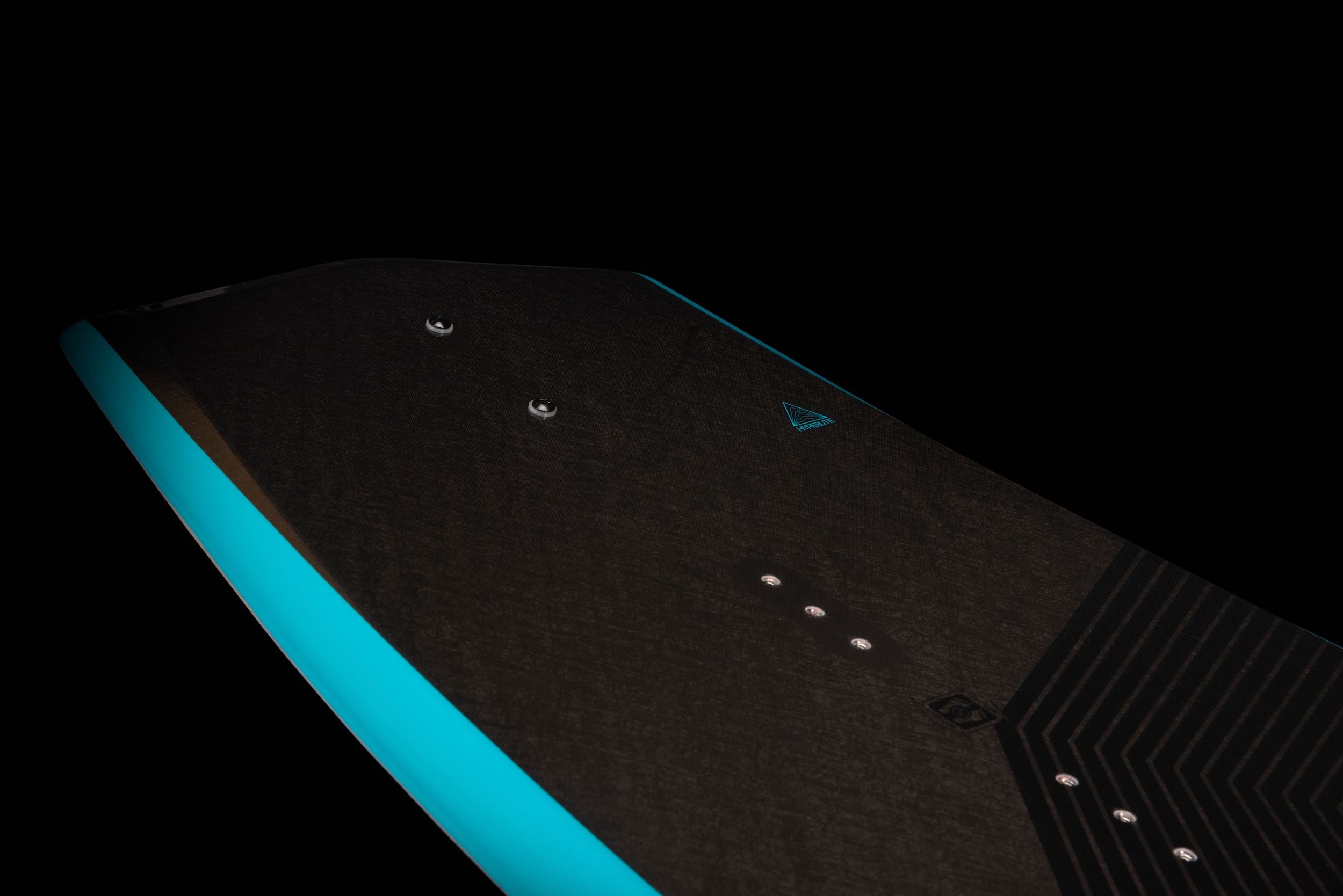 An image of a Hyperlite 2023 State 2.0 wakeboard with an ALL ABILITY LEVEL, featuring a black and blue SHAPE, set against a black background.