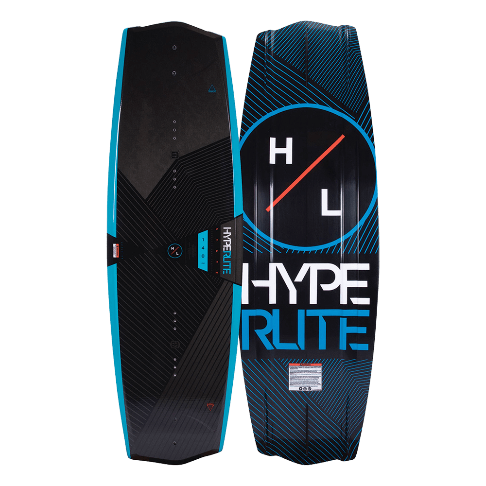 A Hyperlite 2023 State 2.0 wakeboard with an asymmetrical shape, suitable for all ability levels.