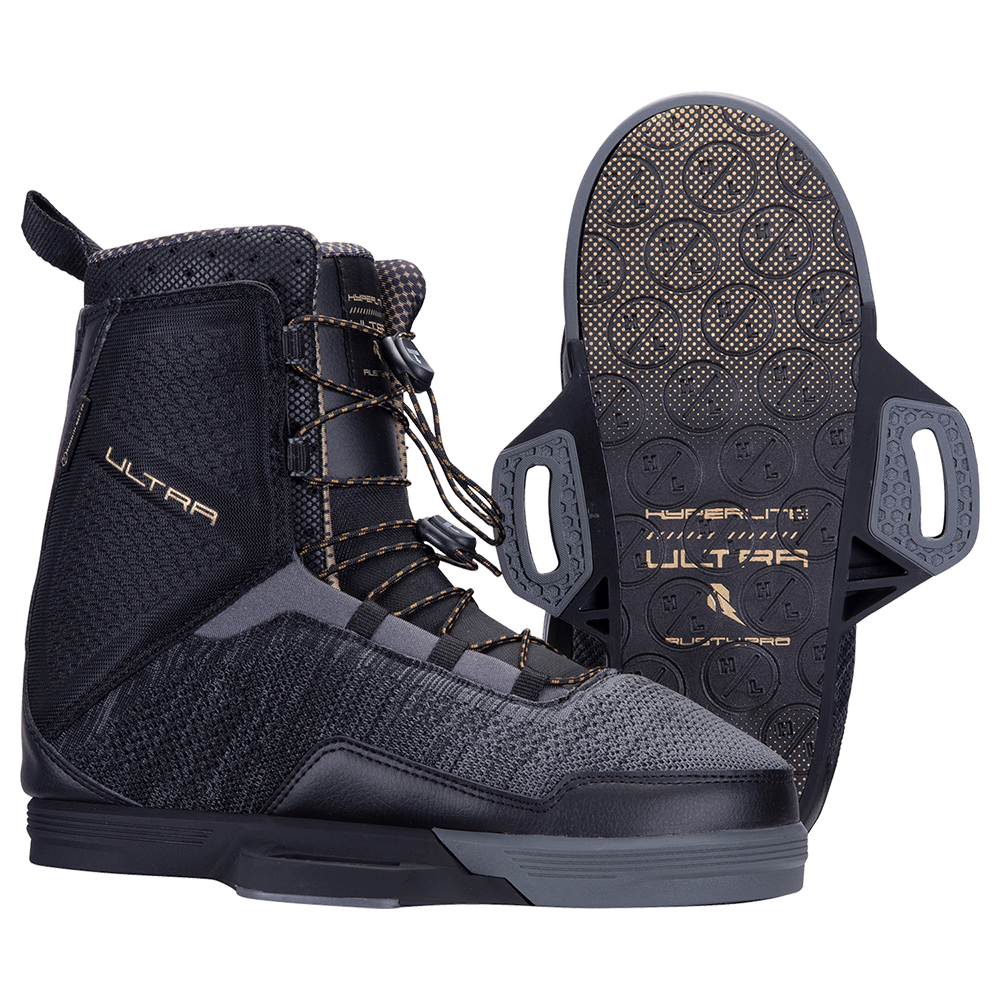 Hyperlite 2023 Ultra Bindings black and gold wakeboard boots featuring engineered mesh construction.