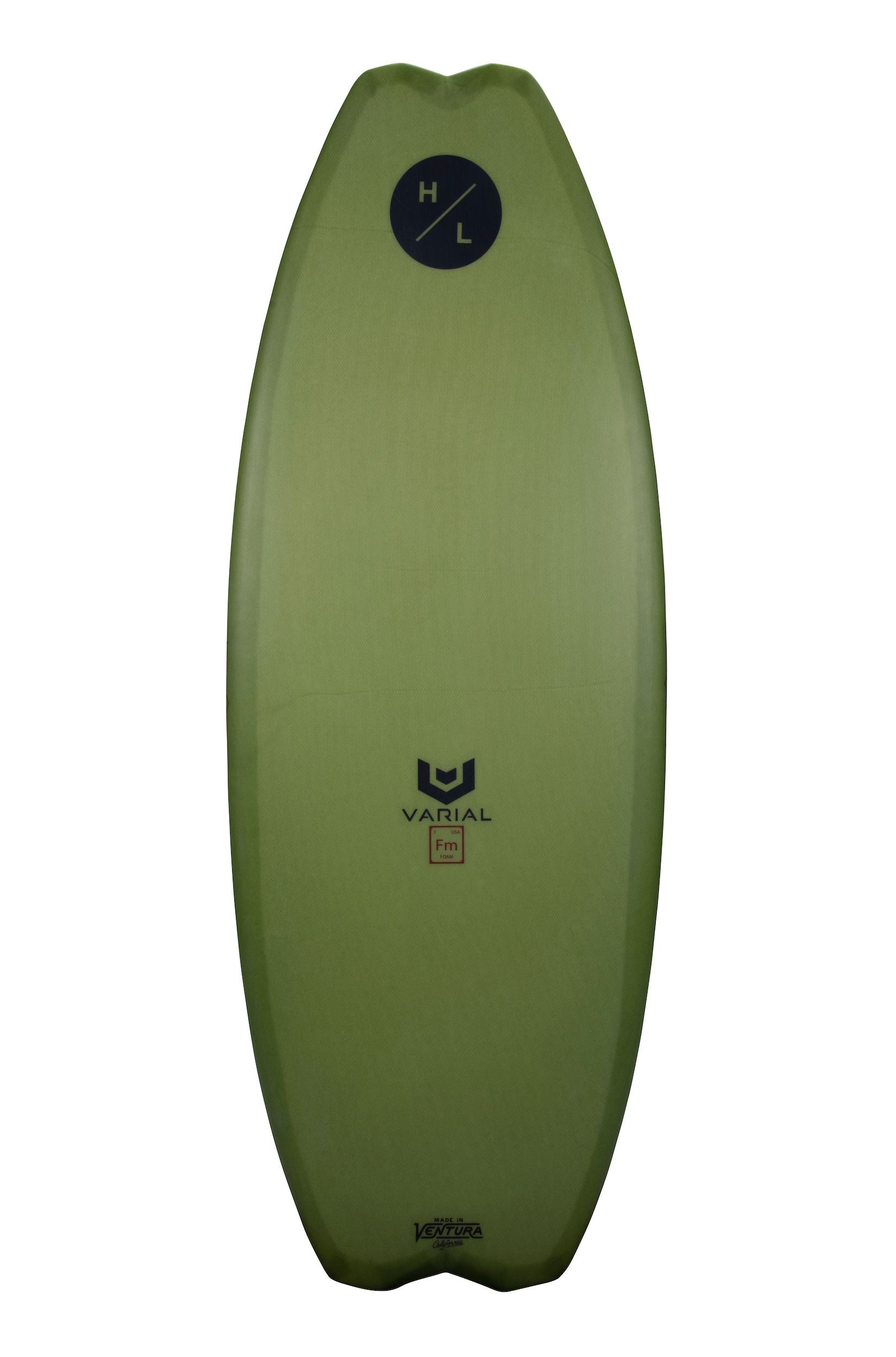 A green Hyperlite 2024 Varial ARC Wakesurf Board with a black Butch Customs logo on it.