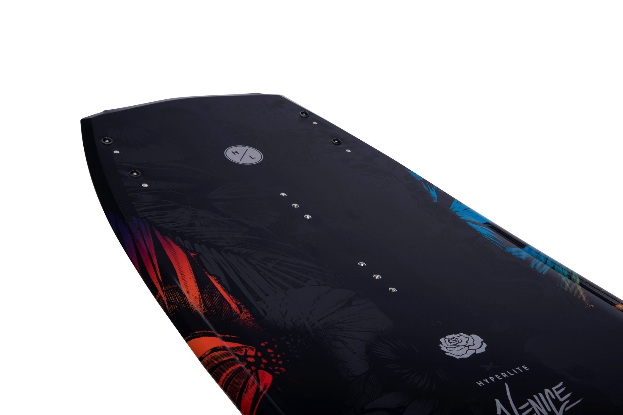 A Hyperlite 2023 Venice wakeboard with a tropical design.