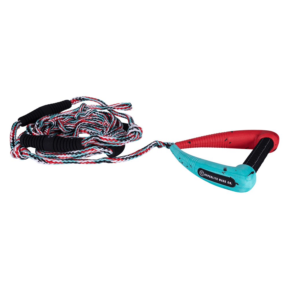 A Hyperlite 25' Pro Surf Rope w/ Handle - Multi featuring oversized foam endcaps and machined floats, available in red, blue, and black color variations.