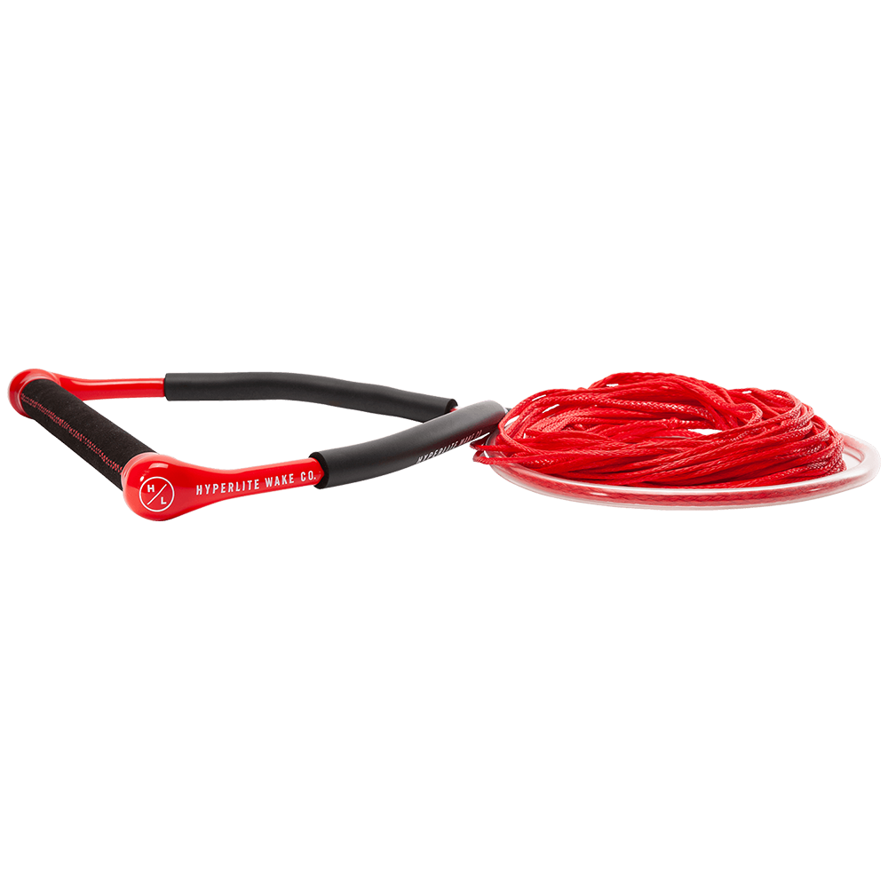 A Hyperlite red and black rope with a Hyperlite CG Handle w/ Maxim Line - Red featuring lightweight end caps.