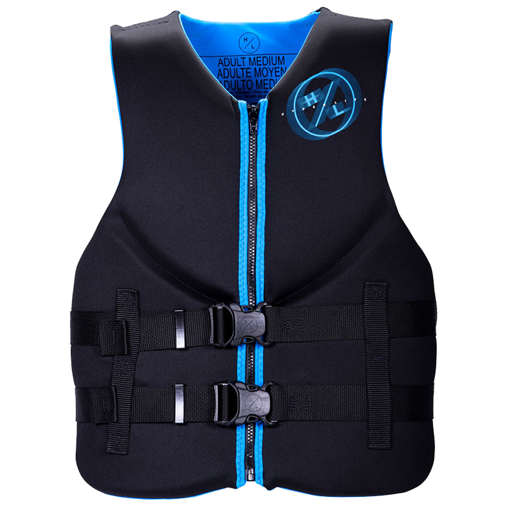 A Hyperlite Men's Indy CGA Vest - Black/Blue with a blue logo.