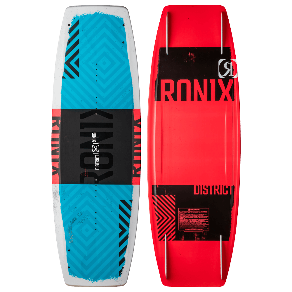 Two wakeboards are displayed, both featuring remarkable attributes. The one on the left showcases a blue and black geometric design with Ronix branding, emphasizing its hybrid rocker. Meanwhile, the one on the right, identified as the Ronix 2025 Kid's District Wakeboard - 129, flaunts a red color with Ronix District branding and graphic patterns that highlight its three-stage lift for superior performance.