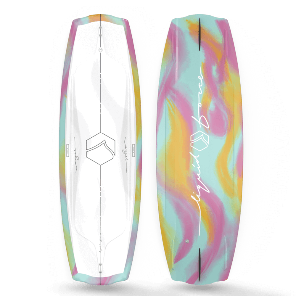 A Liquid Force 2024 Angel Wakeboard with a colorful and stable design on it.