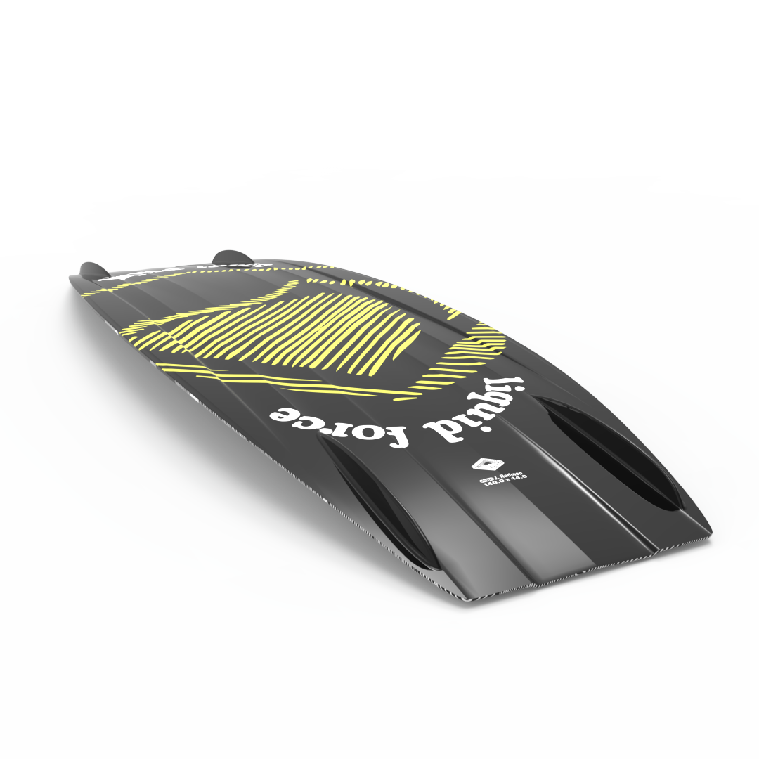 An aggressive Liquid Force 2024 Bullox Wakeboard with explosive pop off the top and aggressive edge control, featuring a yellow logo and black and yellow design.
