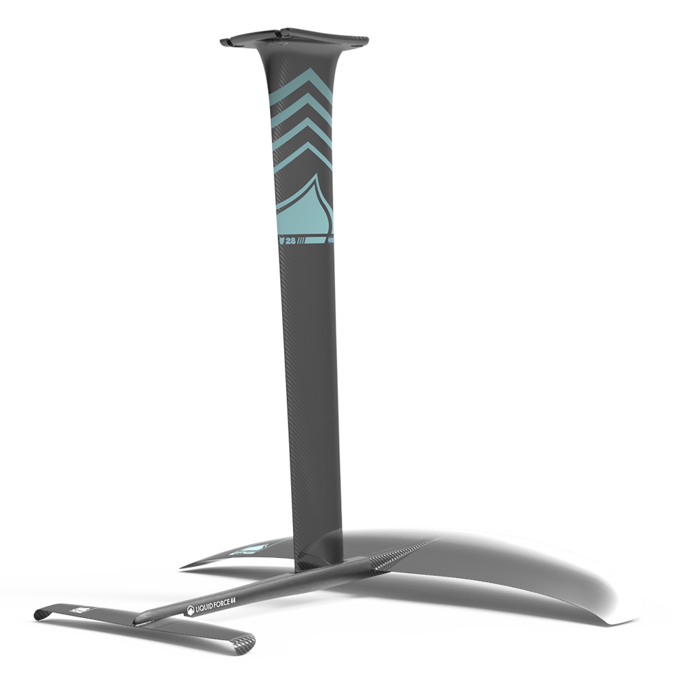 A blue and white glider perfect for intermediate to advanced foiling levels, featuring the Liquid Force 2024 Carbon Horizon Surf 155 Foil Set.