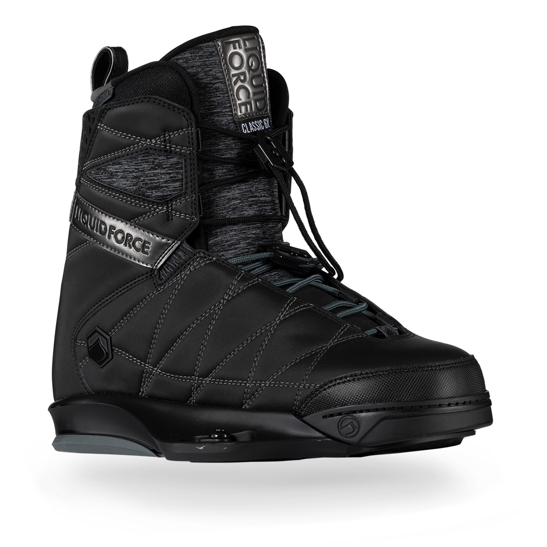 A comfortable pair of Liquid Force 2024 Classic 6X Boots with a binding and 6X chassis.