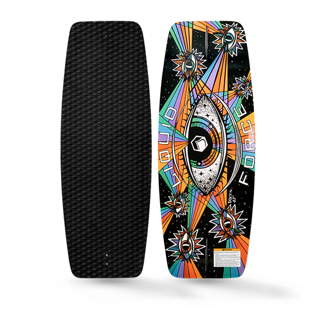 A Liquid Force wakeskate with a colorful design on it.