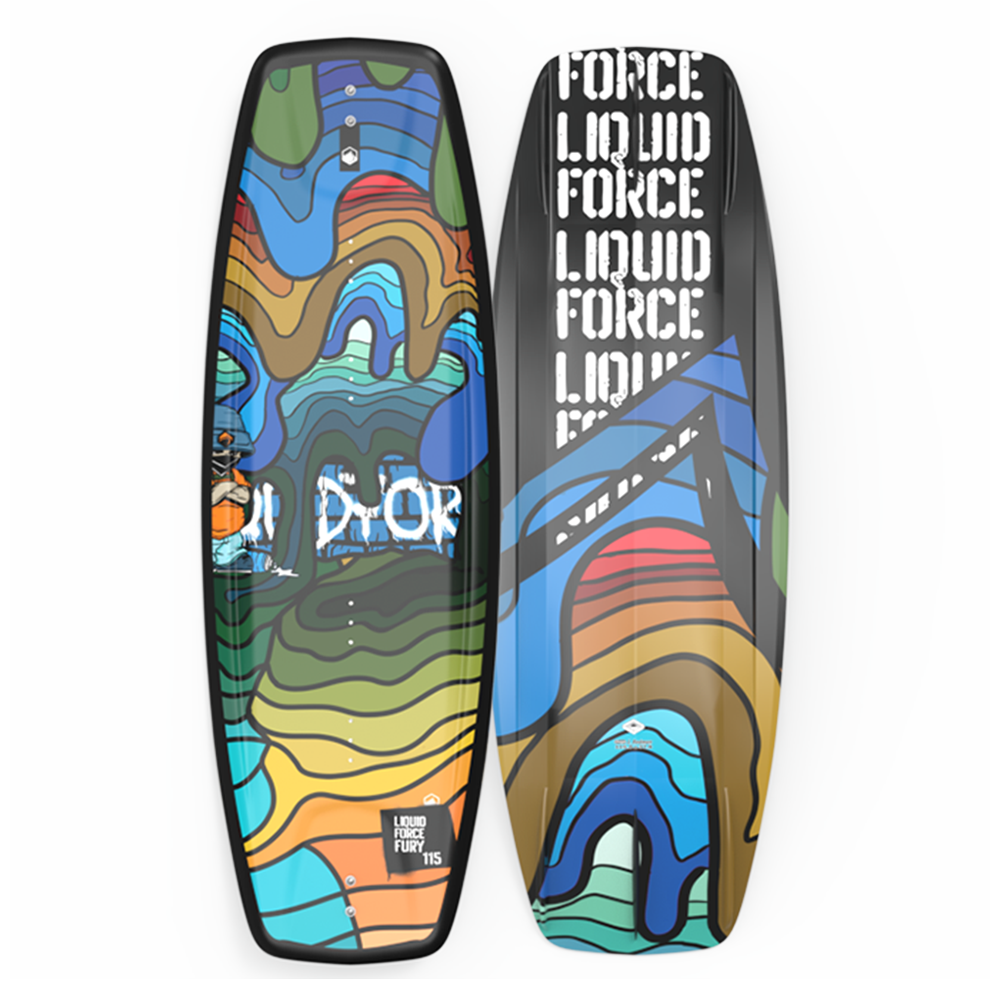 A Liquid Force 2024 Fury wakeboard with a colorful design board on it.