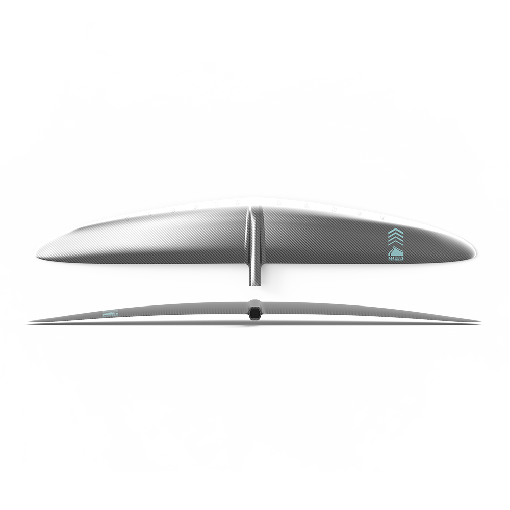 A sleek Liquid Force 2024 Glider H.A. 115 Front Wing graciously glides across a pristine white surface.