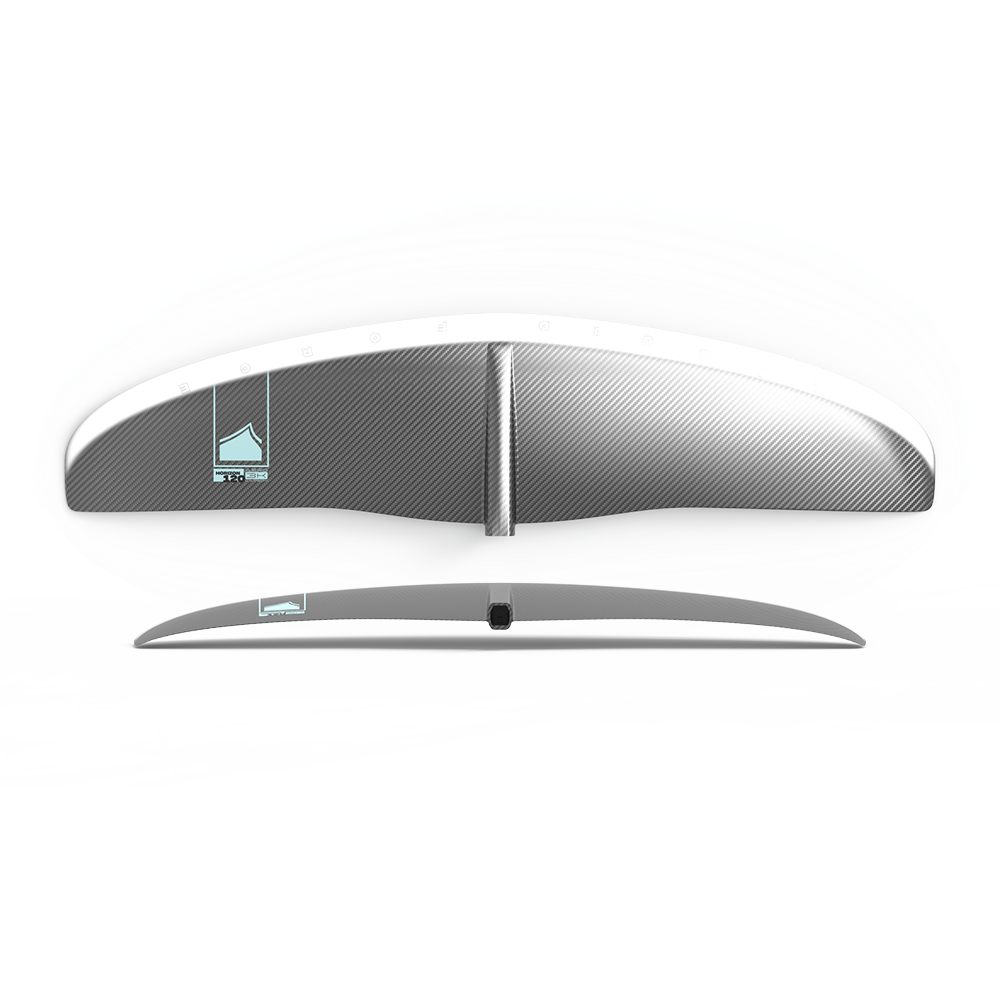 The Liquid Force 2024 Horizon Surf 120 Front Wing is a device with a sleek white and silver design on top of it, boasting both speed and stability.