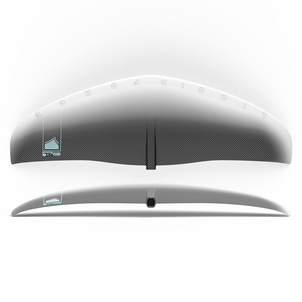 A Liquid Force 2024 Horizon Surf 155 Front Wing model glider demonstrating low-speed lift on a white background.