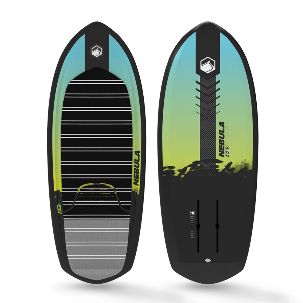 A black and yellow Liquid Force 2024 Nebula Foil Board with a Nebula design.