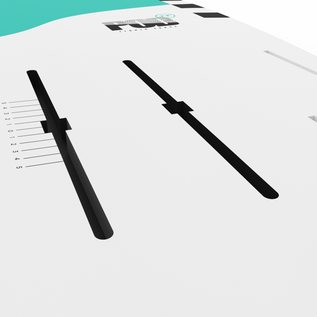 A black and white Liquid Force 2024 Pod Foil Board with a ruler on it.