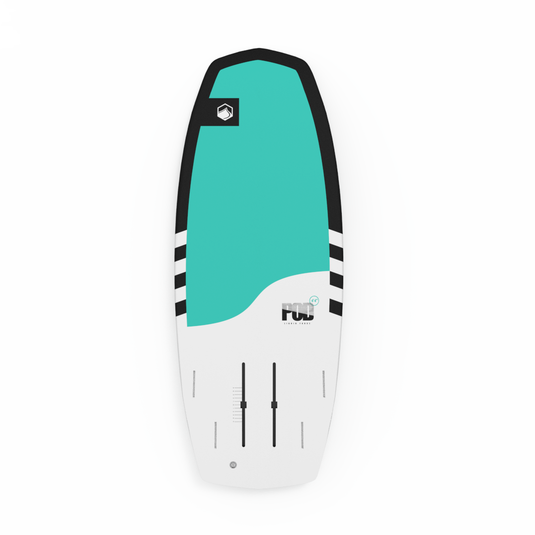 A Liquid Force 2024 Pod Foil Board with a blue and white design inspired by the surf culture.