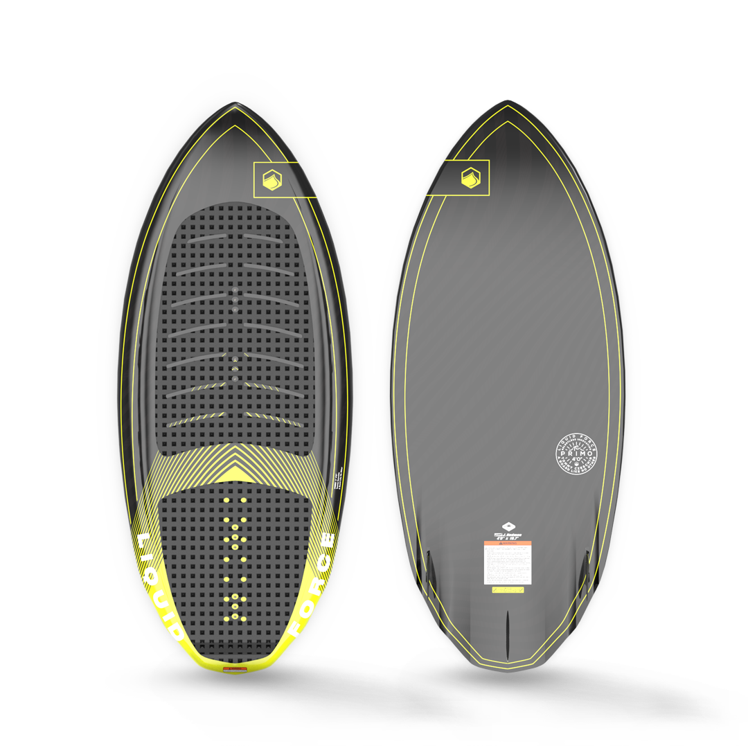 A Liquid Force 2023 Primo Wakesurf Board (w/ Straps) featuring foot straps on a white background.