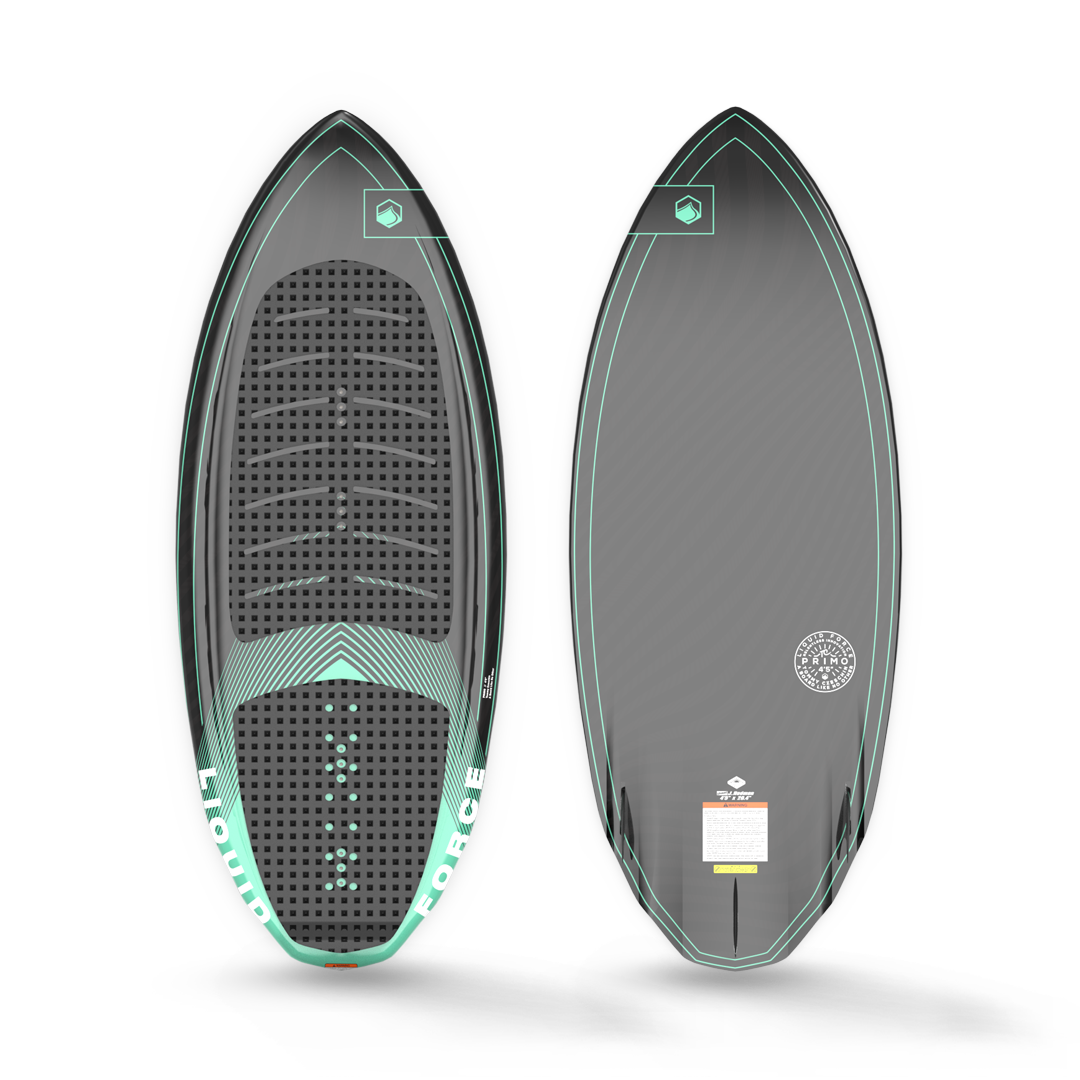 A Liquid Force 2023 Primo Wakesurf Board with foot straps and a fin on it.
