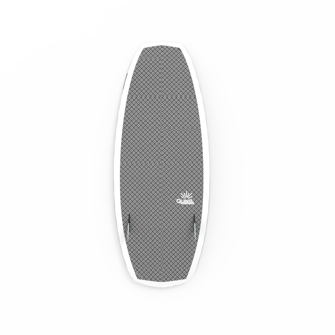 A Liquid Force 2024 Quest Wakesurf Board, a lightweight black and white surfboard showcasing lightning speed on a white surface.