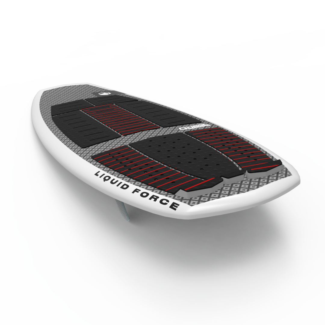 A Liquid Force 2024 Quest Wakesurf Board, a lightweight white board with red and black stripes, boasting lightning speed.