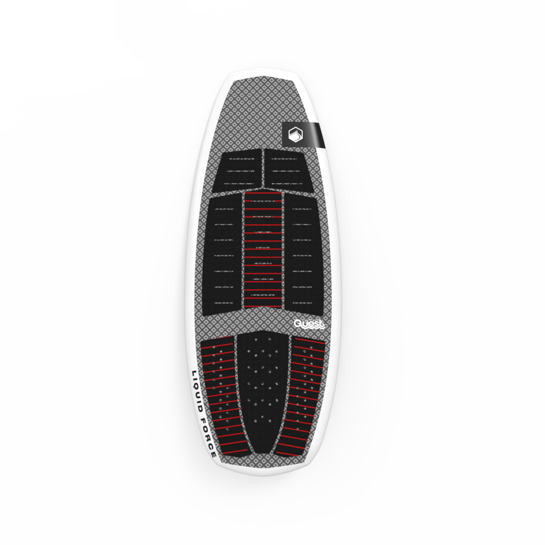 A Liquid Force 2024 Quest Wakesurf Board, a lightweight black and red wakeboard with high-end tech, gliding across a pure white surface at lightning speed.
