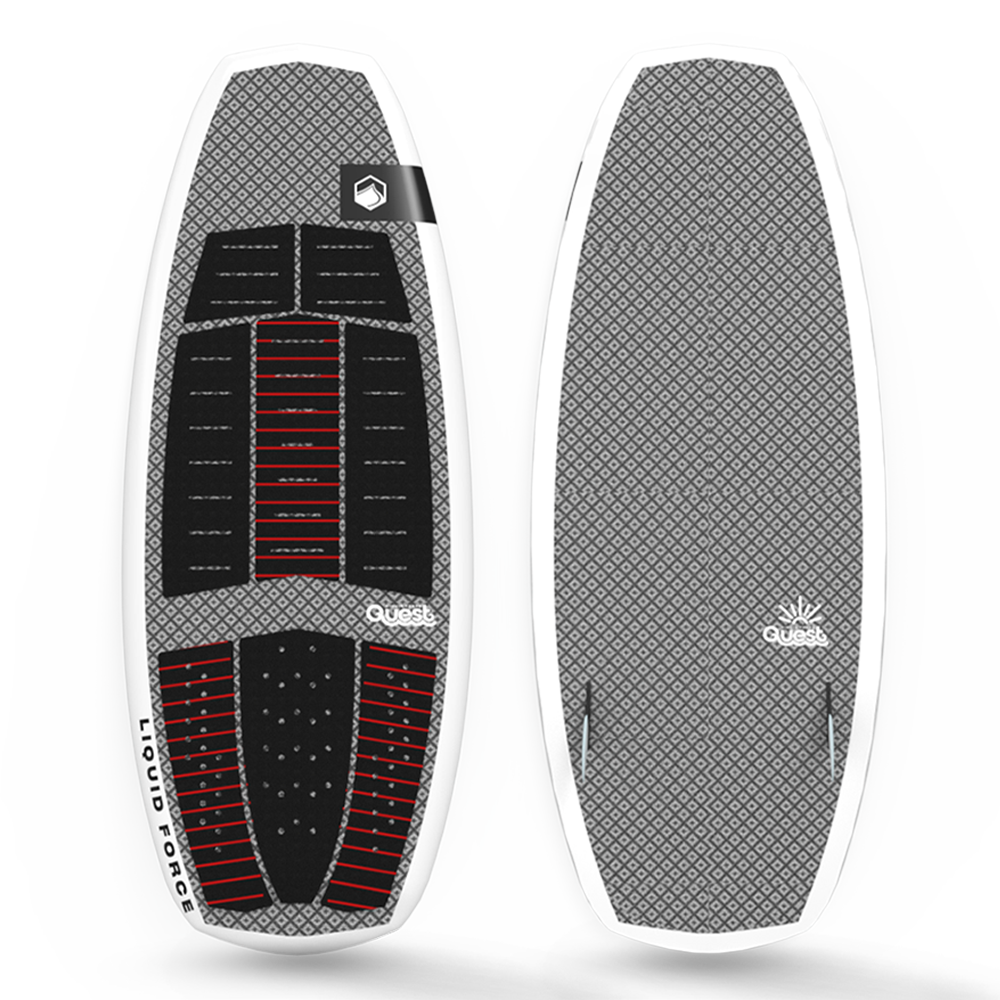 A high-end Liquid Force 2024 Quest Wakesurf Board with a lightweight black and red design.