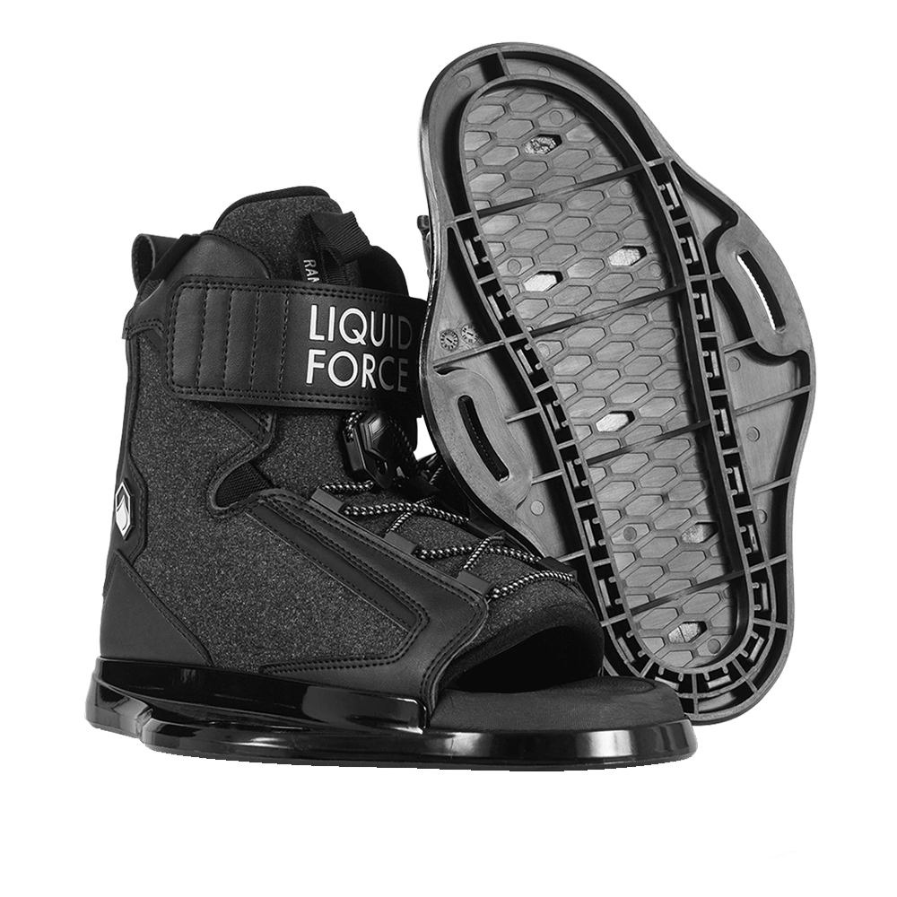 A pair of Liquid Force 2024 Rant 6R Bindings black wakeboard boots floating on water.