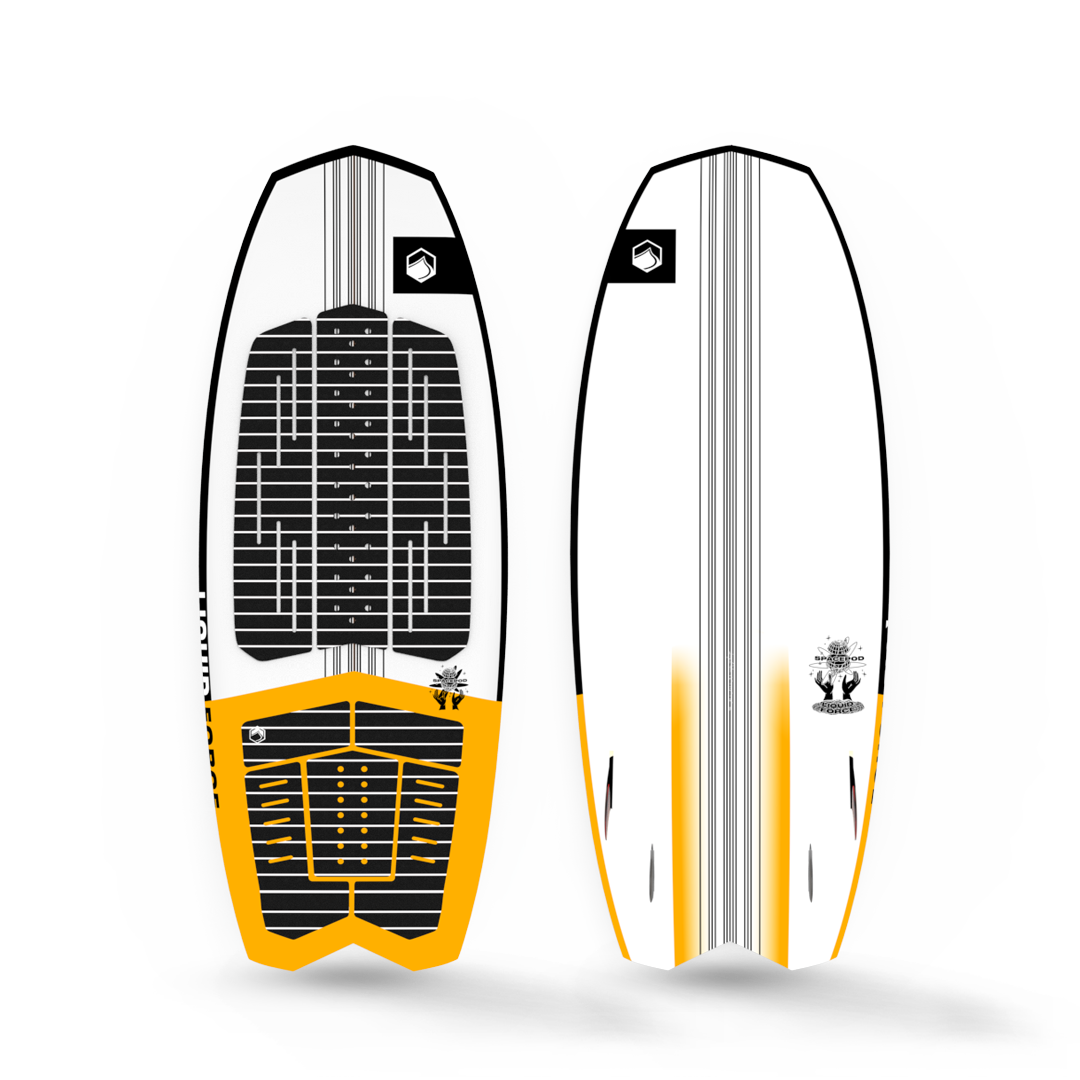 A Liquid Force 2023 Space Pod Wakesurf Board, showcasing exceptional maneuverability, on a white background.