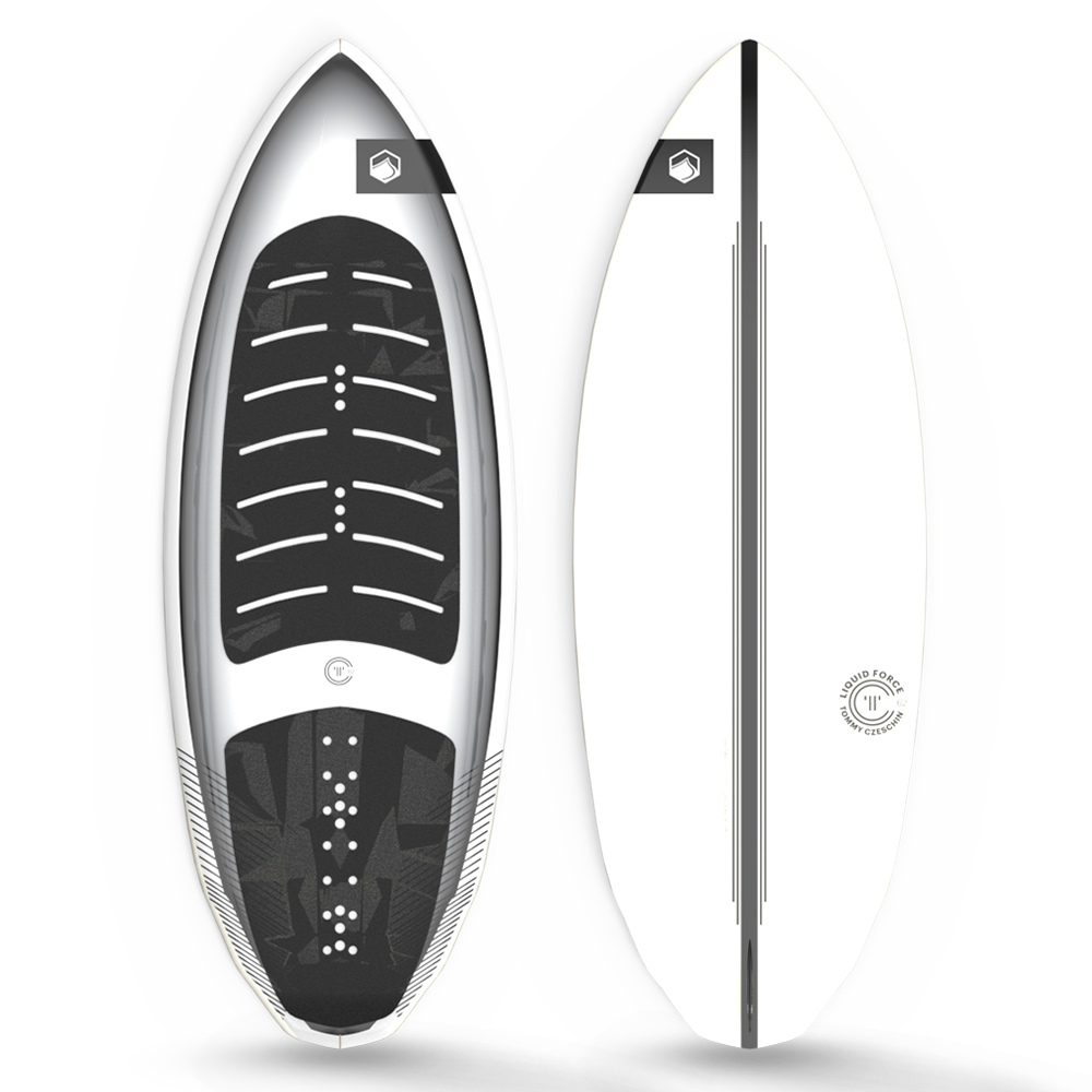 A lightweight white and black Liquid Force 2024 TC Skim surfboard on a white background.