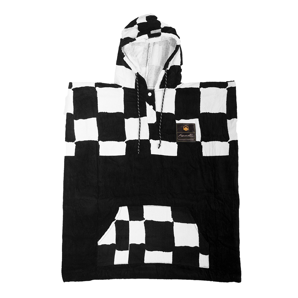 An eye-catching Liquid Force Checker Changer Towel featuring a black and white checkered poncho on a green background.